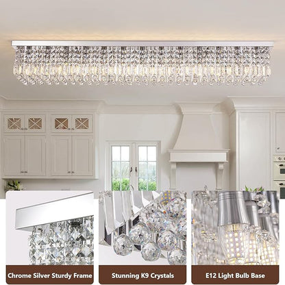 Large Modern Crystal Chandeliers for Dining Room Light Fixture, 13-Light Rectangle Chandelier Ceiling Light for Kitchen Island Living Room, L59 Inch, Chrome Finish