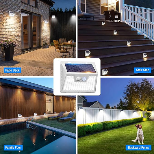 Peasur White Solar Lights Outdoor Waterproof, 6Pack 140LED Solar Powered Motion Sensor Light, 3 Modes Security Wall Lights for Fence Garden Yard Outside