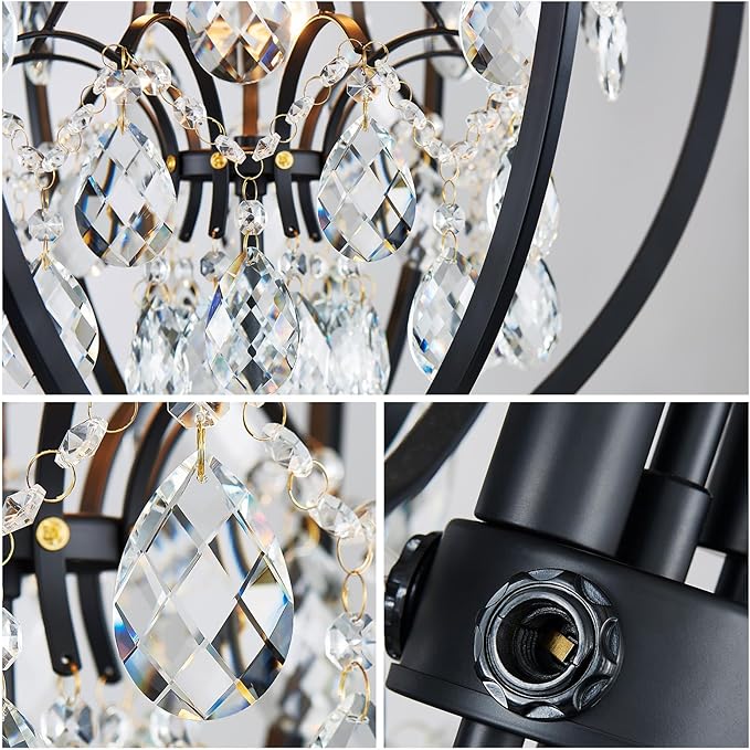 WUZUPS Globe Crystal Chandelier Raindrop Pendant Flushmount Ceiling Light Modern Lighting Fixture for Bedroom Hallway Bar Kitchen Bathroom, H 23.6" x W 19.7", Black, 8 E12 Base