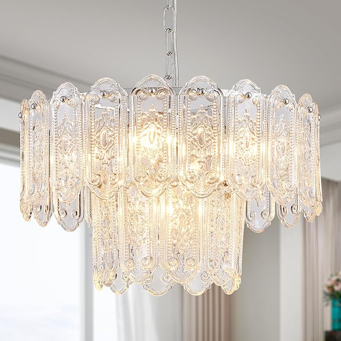 5-Lights Luxury Glass Chandeliers, Mid-Century Modern Chandeliers for Dining Room, D18.5'' × H18.9'', Adjustable Height (18.9"~51.2"), Chrome Finish Frame & Double Figured Glass Shade