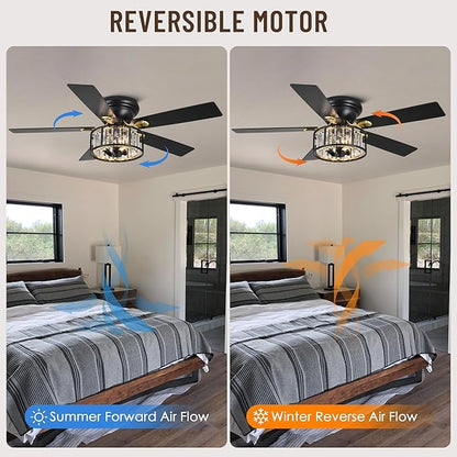 52" Crystal Farmhouse Ceiling Fan with Lights and Remote,Flush Mount Ceiling Fan,Chandelier with 5 Reversible Blades,3 E12 Base Lights,Quiet Motor for Living Room,Dining Room,Bedroom