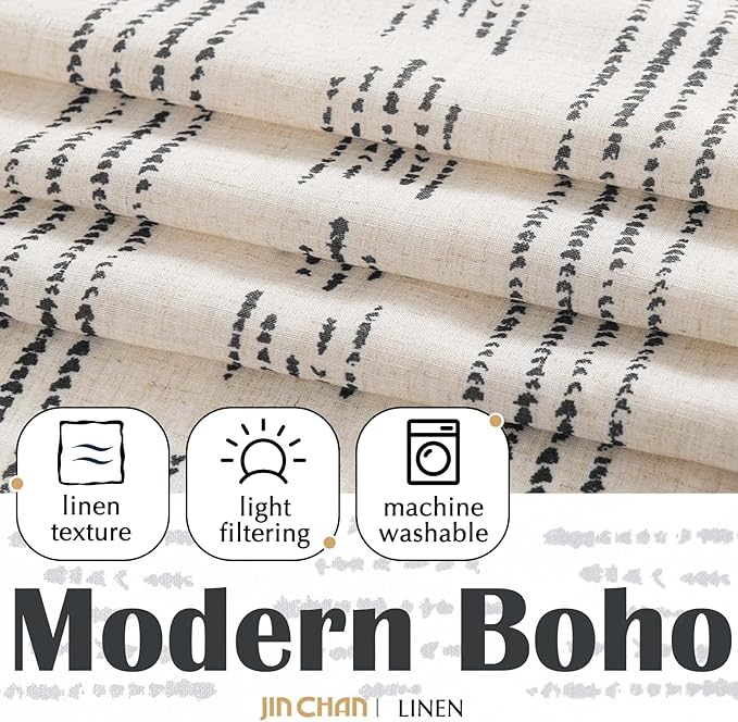 jinchan Boho Kitchen Curtains Linen Tier Curtains 45 Inches Bohemian Cafe Small Drapes Striped Mudcloth Farmhouse for Bathroom RV Camper Light Filtering Rod Pocket 2 Panels Black on Beige