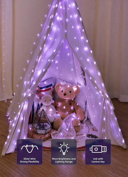 Brightown 300 LED Purple Fairy Curtain Lights, 9.8ft x 9.8ft String Lights, USB Plug in 8 Lighting Modes Christmas String Hanging Lights with Remote for Bedroom Indoor Outdoor Party Xmas Purple 1 Pack