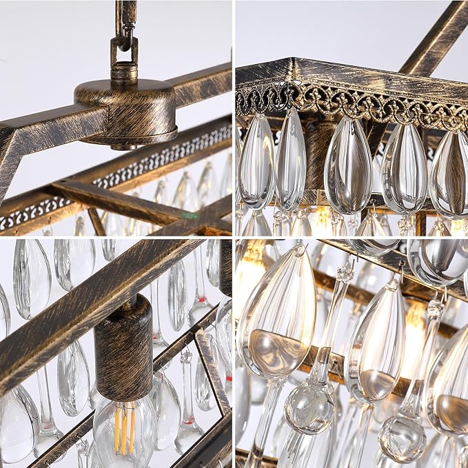 7PM Crystal Chandelier for Dining Room, 35 Inch Antique Bronze Chandelier, 7 Lights Rectangle Chandelier, Farmhouse Kitchen Island Lighting Hanging Light Fixture for Living Room, Entryway