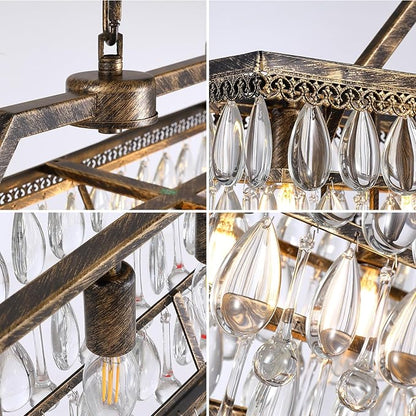 7PM Crystal Chandelier for Dining Room, 35 Inch Antique Bronze Chandelier, 7 Lights Rectangle Chandelier, Farmhouse Kitchen Island Lighting Hanging Light Fixture for Living Room, Entryway