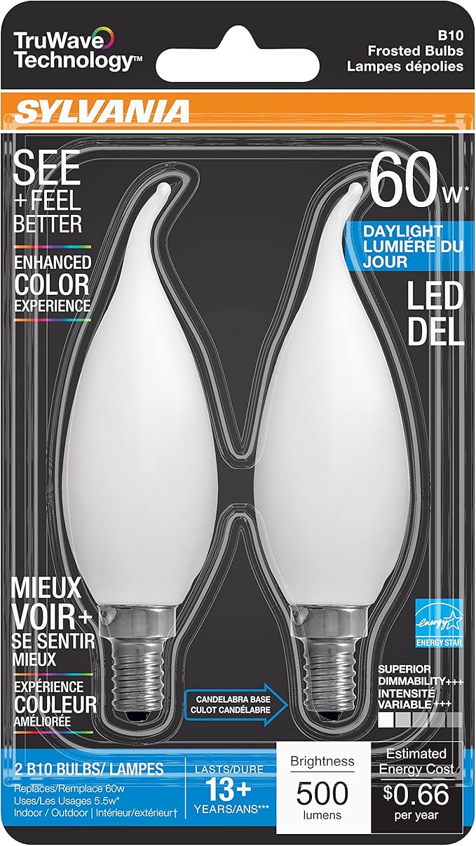 Sylvania LED TruWave Natural Series Décor B10 Light Bulb, 60W Equivalent Efficient 5.5W, 500 Lumens, Candelabra Base, Dimmable, Frosted, 5000K, Daylight - 2 Pack (40782)
