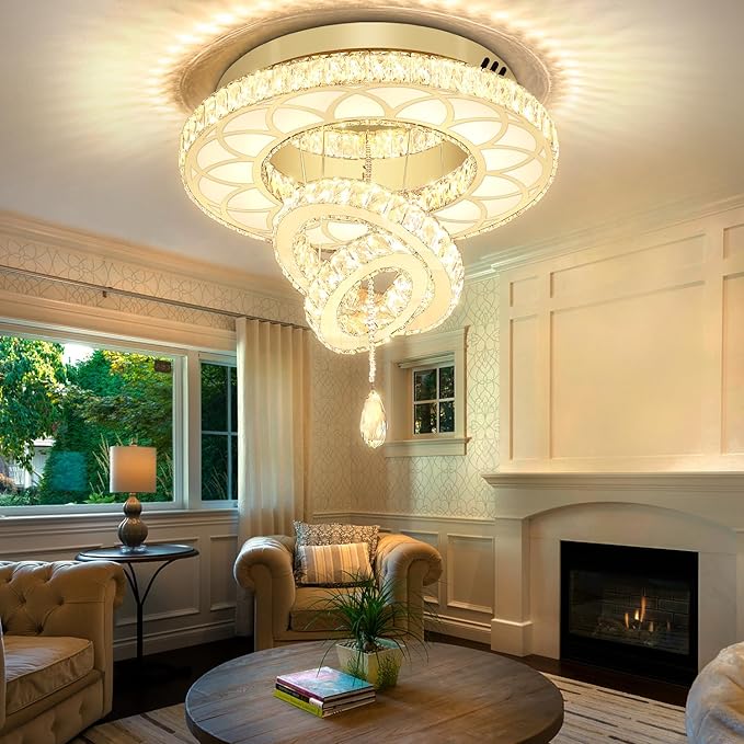 Flashing God 20" Modern Crystal Chandeliers for Living Room Gold Ceiling Chandelier LED Crystal Ceiling Light Flush Mount Chandelier for Bedroom Dining Room Entryway