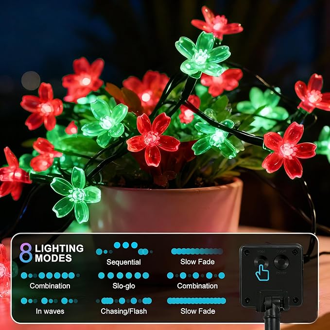 2 Pack Total 52FT 120 LED Solar String Lights Outdoor Waterproof Flower Fairy Lights for Garden Fence Patio Yard Christmas Tree Lawn Wedding Party Decor, Red and Green