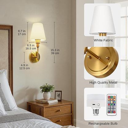 DORESshop Battery Operated Wall Sconce Set of 2, Wall Light Wireless Easy to Install, Dimmable and Adjustable Sconces Wall Decor, Rechargeable Wall Lamp for Bedroom, Living Room, Gold 14.8in