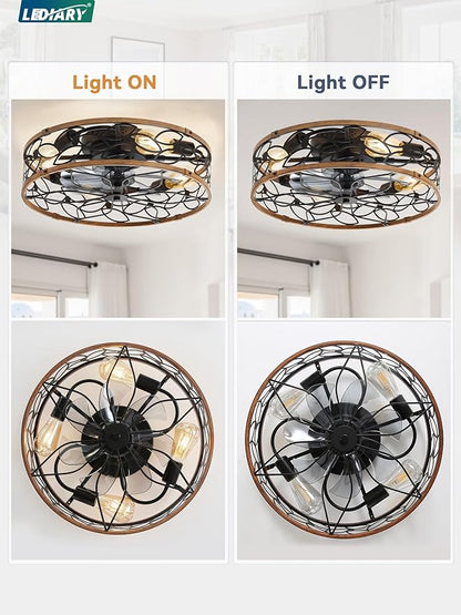 LEDIARY 20 Inch Caged Ceiling Fans with Lights, Farmhouse Flush Mount Ceiling Fan with Remote, Black&Walnut Low Profile Ceiling Fan Light Fixture for Bedroom, Kitchen, Dining Room