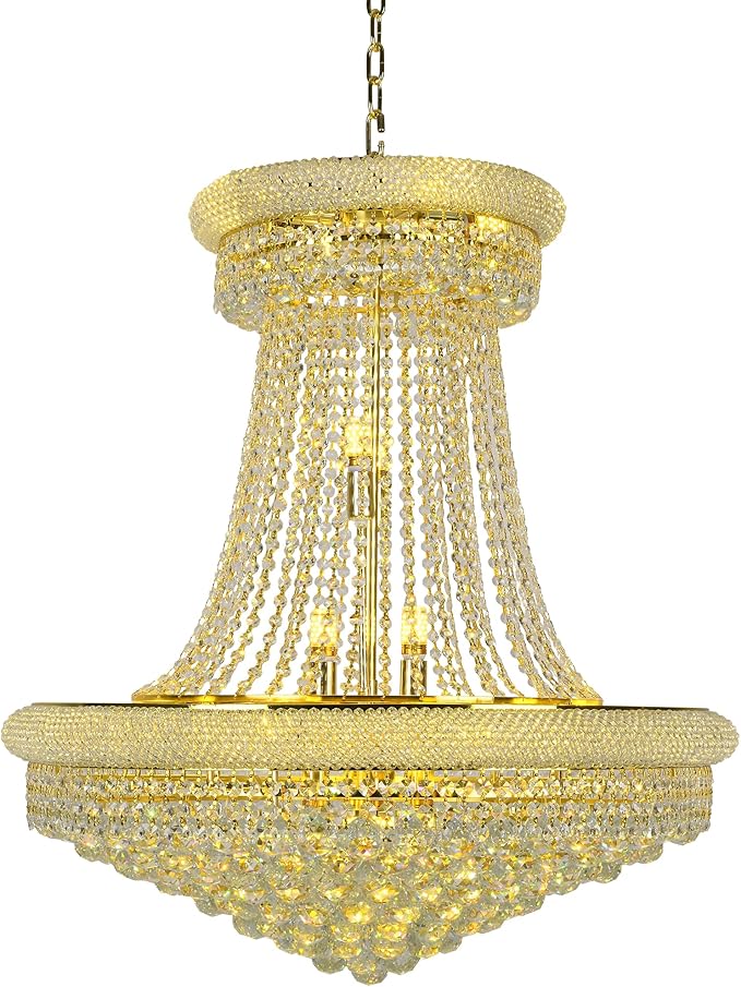 Luxury Gold Crystal Chandelier 20-Light, Empire Crystal Chandelier Light Fixture Ceiling Haning Chandelier Crystal Pendant Light for Living Room Dinning Room Stair (32in-20 Lights, Gold)