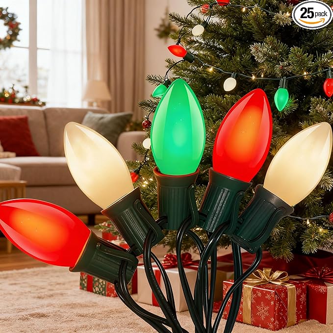Abeja C7 Multicolor Christmas String Lights, 25Ft Ceramic Multicolor String Lights with 27 C7 Red White Green Bulbs(2 Spare), Hanging Vintage Lights for Christmas Indoor Outdoor Yard Patio Decor