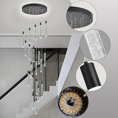 20-Lights Bubble Chandelier for Entryway High Ceiling-157 Height Adjustable Crystal Chandelier,3 Color Temperature Dimmable LED Pendant Light Fixture for Foyer Living Room Staircase,Matte Black