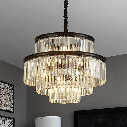 21.6" 14-Light Modern Crystal Chandelier Light Fixtures 4-Tier Black Luxury Chandeliers for Dining Room Round Hanging Pendant Lighting for Living Room Kitchen Entryway Bedroom Foyer Hallway