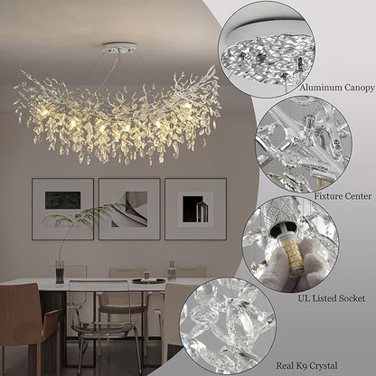 Rectangle Crystal Tree Branch Chandelier, L47.3'' Mpdern Luxury Chrome Linear Art Deco Raindrop Pendant Lighting Fixture for Kitchen Island Foyer Living Room Dining Room 14 Lights