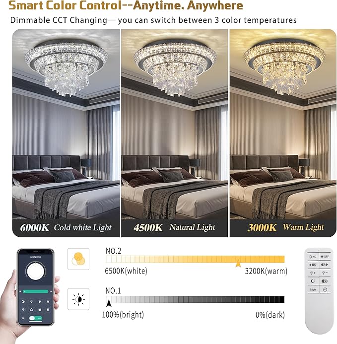 18 inch Crystal Flush Mount Black Chandelier, Modern Raindrop LED Ceiling Light, 3CCT Dimmable & Brightness Adjustable,Remote/APP ,Elegant Chandeliers for Bedroom Hallway Dinning Room Living Room