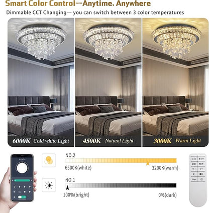 18 inch Crystal Flush Mount Black Chandelier, Modern Raindrop LED Ceiling Light, 3CCT Dimmable & Brightness Adjustable,Remote/APP ,Elegant Chandeliers for Bedroom Hallway Dinning Room Living Room
