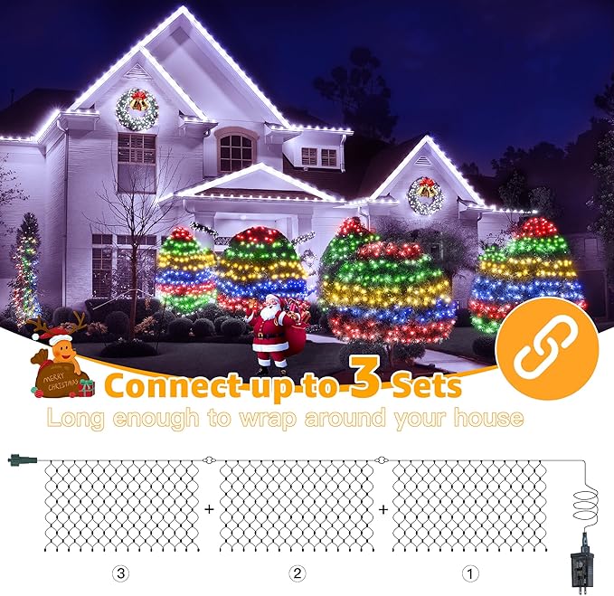 Ollny Net Lights Outdoor Mesh Light, 210LED 10x7ft Green Wire Christmas Net Lights, IP67 Waterproof, 8 Modes Plug in Bush Light for Tree Shrubs Outside Patio Decorations, Multicolor
