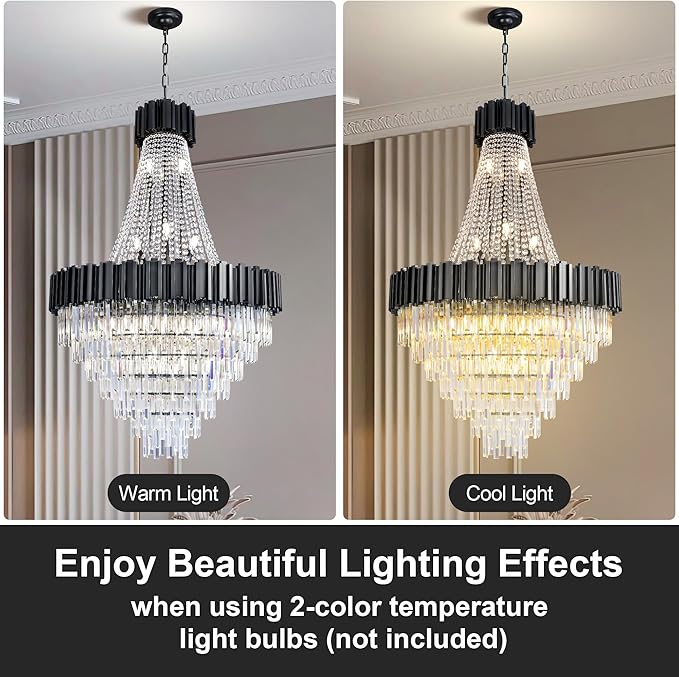 54" Black Large Chandeliers for High Ceilings, 21-Light Modern Crystal Chandelier for High Ceiling Staircase, Foyer, Entryway, Living Room, Hallway, Luxury K9 Crystal Tiered Chandelier Light Fixture