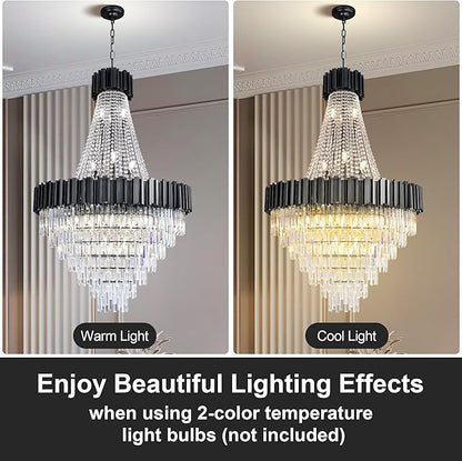 54" Black Large Chandeliers for High Ceilings, 21-Light Modern Crystal Chandelier for High Ceiling Staircase, Foyer, Entryway, Living Room, Hallway, Luxury K9 Crystal Tiered Chandelier Light Fixture