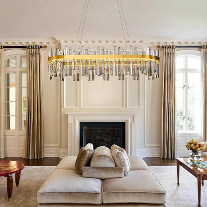 Gold Led Modern Crystal Chandelier: 39.3" Rectangle Linear 3 Color Dimmable Chandeliers for Dining Room Over Table-Luxury Rectangular Contemporary Oval Light Fixture for Living Room Bedroom Foyer