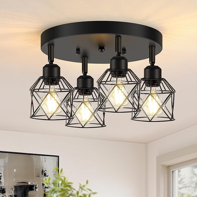 Baocuz 4-Light Kitchen Light Fixtures Ceiling Mount, Adjustable Multi-Directional Black Flush Mount Ceiling Light Fixture, Farmhouse Metal Cage Ceiling Lights for Dining Room Entryway Hallway