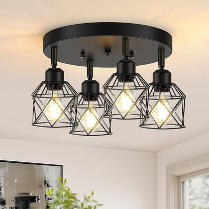 Baocuz 4-Light Kitchen Light Fixtures Ceiling Mount, Adjustable Multi-Directional Black Flush Mount Ceiling Light Fixture, Farmhouse Metal Cage Ceiling Lights for Dining Room Entryway Hallway