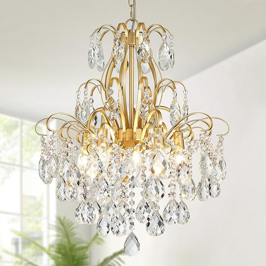 WUZUPS 5-Light Crystal Candle Chandelier Pendant Ceiling Modern Lighting Fixture for Bedroom Hallway Bar Kitchen Bathroom, H 22.8" W19.7, E12 Base, Gold