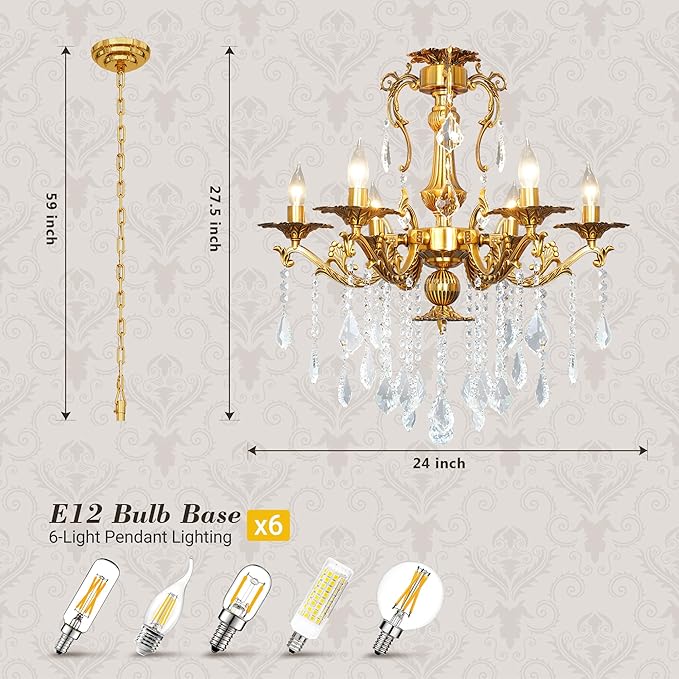Luxury Copper Crystal Chandelier, 24" Vintage K9 Crystal Pendant Light with 6 Lights, Antique Brass Finish Ceiling Light Fixture with Scrolled Arms for Dining Room Living Room Foyer Villa Hotel