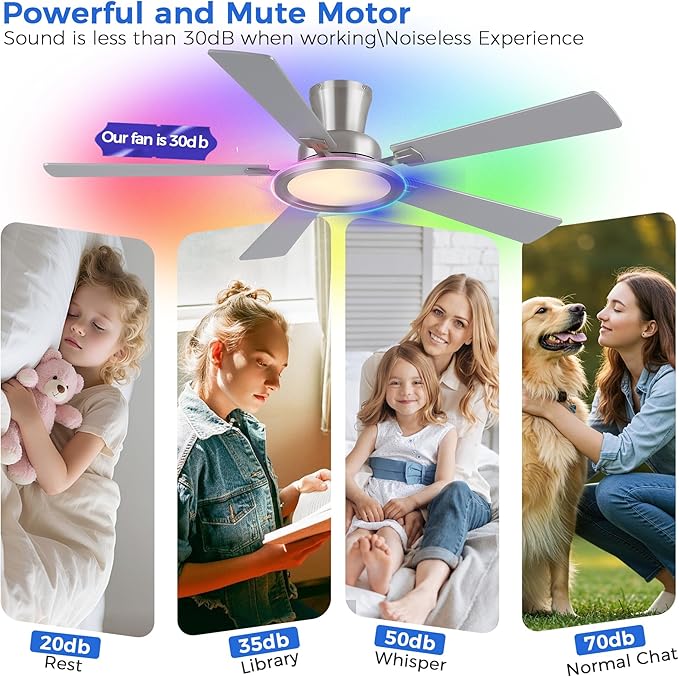 Ayaoty 52" Ceiling Fans with Lights - Flush Mount Ceiling Fan with RGB Dimmable, 3CCT 6 Wind Speeds and Reversible Quiet Motor, Low Profile RGB Fan Light for Modern Indoor, Party - Nickel RGB