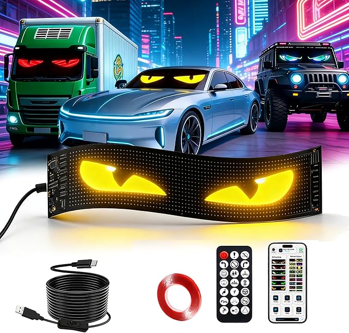 LED Devil Eye Lights for Windshield, 23.4"x4.7" LEDs Flexible APP Control Programmable LED Sign for Car Truck Motorcycle RV Window, Custom Animated Eyes Matrix Panel with Remote Car Accessories
