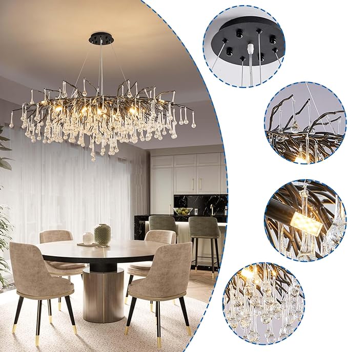 Modern Crystal Raindrop Chandelier, L40'' Black Linear Rectangle Art Deco Tree Branch Lighting Fixture for Kitchen Island Living Room Foyer Staircase 10 Lights