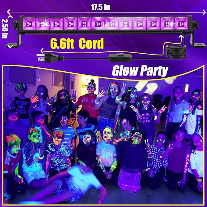 45W LED Black Light Bar, Blacklight with 6.6ft Cord+Switch, Light Up 26x26ft, Glow in The Dark for Halloween, Party, Birthday, Body Paint, Fluorescent Poster, Bedroom