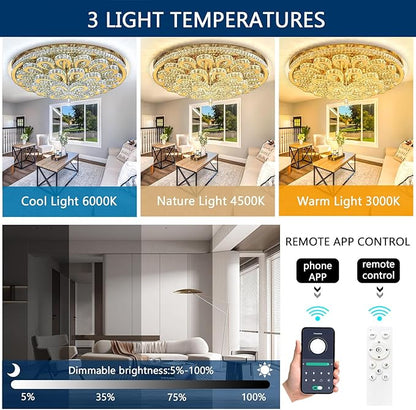 47'' Modern Crystal Chandeliers for Living Room Large Chandelier Ceiling Light Fixture LED Dimmable with Remote Flush Mount Lighting for Dining Room Bedroom Gold