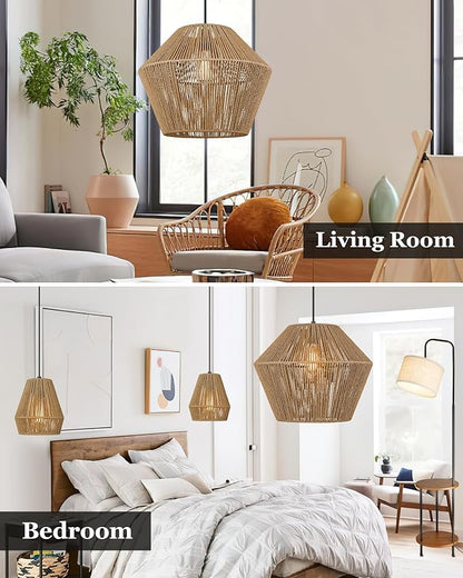 ELYONA 17” Woven Pendant Light, Modern Boho Chandelier Handwoven Rattan Basket Shade, Rustic Pendant Light Fixtures Farmhouse Ceiling Hanging Lamp for Dining Room, Kitchen Bedroom, Entryway, Foyer