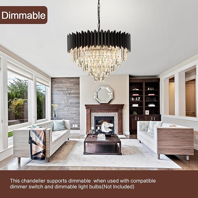 24" Modern Black Crystal Chandeliers 5-Tier 10 Lights Ceiling Light Fixture K9 Crystal Hanging Pendant Ceiling Light for Dining Room Living Room Bedroom Entryway