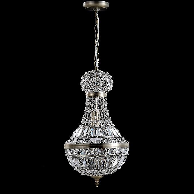 JONATHAN Y 10" Antique Brass Regina Empire LED Pendant Light, Glam Adjustable Hanging Chandelier for Dining Room Kitchen Foyer, Clear Crystal Shade, LED Bulb Included JYL6108A