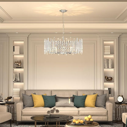 Chrome Crystal Chandeliers for Dining Room, 27.6" Modern Round Chandelier Large Adjustable Height Ceiling Hanging Pendant Light Fixture for Dining Living Room Bedroom