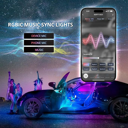 OPT7 Aura DreamColor RGB-IC Car Interior Ambient Light, 6PC Double Row LED Strips, Color Chasing Light Kit w/APP & Remote Control, Universal for Vehicles SUV Trucks Pickups Van