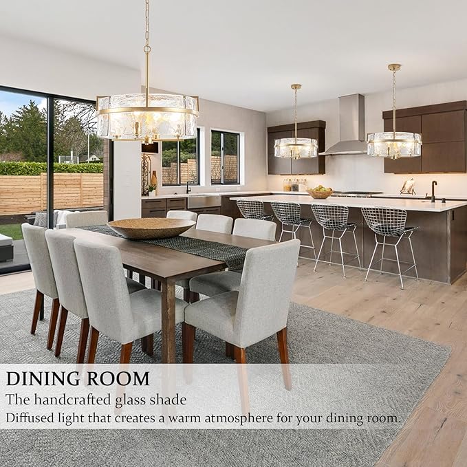 Modern Glass Chandelier,19.7" Gold Dining Room Light Fixtures Over Table Hanging Pendant Light Large Crystal Drum Chandelier for Entryway Foyer Living Room Kitchen Bedroom Bathroom,4-Light E26