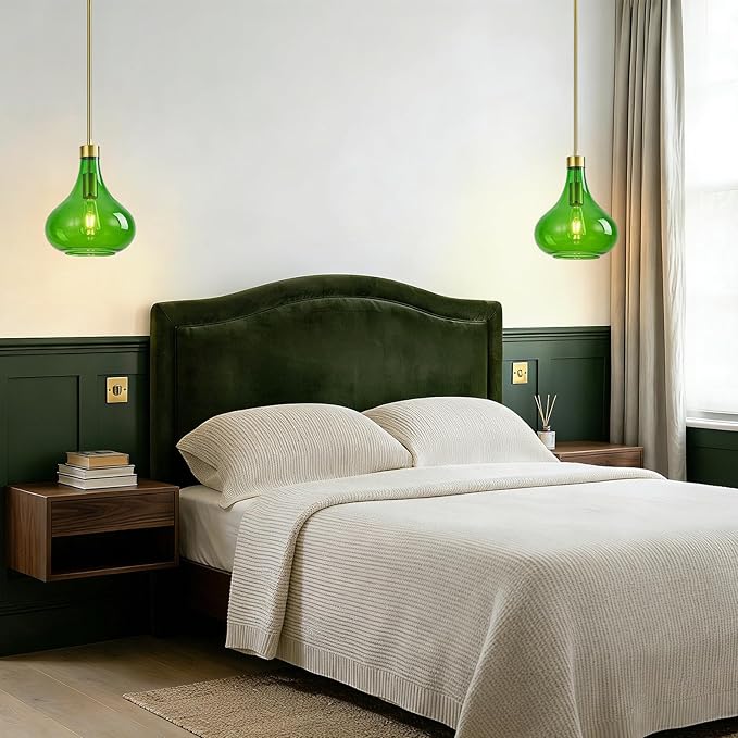 Modern Glass Pendant Light 9.44 in Green Glass Shade Gold Farmhouse Island Pendant Lights for Kitchen Pendant Lighting Over Sink Bedroom Dining Room