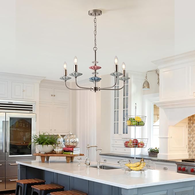 Brushed Nickel Chandeliers for Dining Room Light Fixture ，with Blue Green Ceramic Art Deco Chandelier, Modern Retro Candle Chandelier,Farmhouse Chandelier for Girls Bedroom，Living Room,Foyer