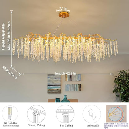 Crystal Tree Branch Chandelier L63 Inch Luxury Rectangular Crystal Raindrop Pendant Light 16 Lights Kitchen Island Hanging Light Fixture for Living Room Dining Room Foyer Entryway Gold