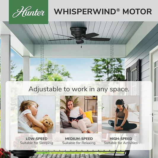 Hunter 48 inch Outdoor or Indoor Ceiling Fan No Light - Low Profile Flush Mount, Black Ceiling Fan without Light, For Patio, Porch, Garage, or Living Room, 5 Blades - Sea Wind 53118, Matte Black