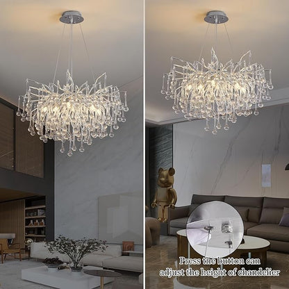 Modern Crystal Raindrop Chandelier, Silver Round Art Deco Tree Branch Lighting Fixture for Dining Room Living Room Foyer 13 Lights D31.5''