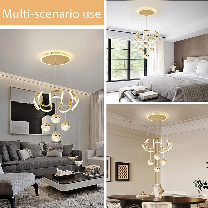 Modern Gold LED Chandeliers, Dimmable LED Pendnat Light Fixture for Kitchen Island Over Table Adjustable Height Modern Chandeliers for Dining Room Kitchen Island Living Room Bedroom