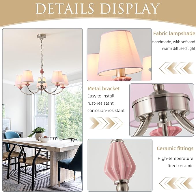 Pink Chandelier for Bedroom Light Fixture，Brushed Nickel Art Deco Chandelier with Fabric Shade,Antique Modern Chandeliers paired with Ceramic for Girls Bedroom，Living Room，Dining Room
