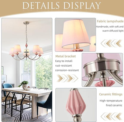 Pink Chandelier for Bedroom Light Fixture，Brushed Nickel Art Deco Chandelier with Fabric Shade,Antique Modern Chandeliers paired with Ceramic for Girls Bedroom，Living Room，Dining Room