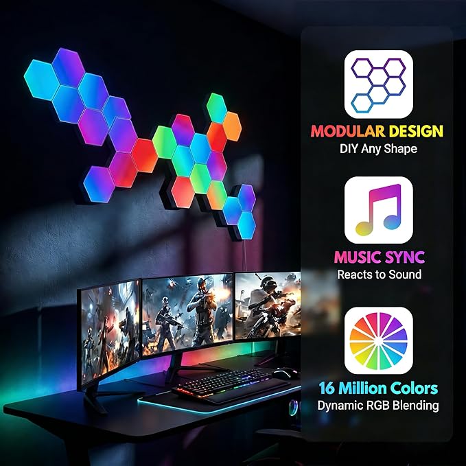 TISOFU 12 Pack Hexagon Lights LED Wall Panels, RGB Gaming Light with APP/Music Sync & Remote, DIY Smart Modular Hexagonal Honeycomb Glide Hex Tiles Panel for Bedroom Party Decor Gifts