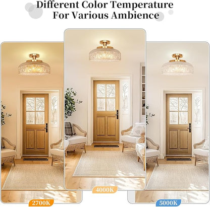 Lamomo Semi Flush Mount Ceiling Light, Upgraded Larger 12 Inch Hallway Light Fixture, 3 Light Globe Glass Close to Ceiling Scone, Amber Indoor Hanging Light for Bedroom Kitchen Porch Hallway